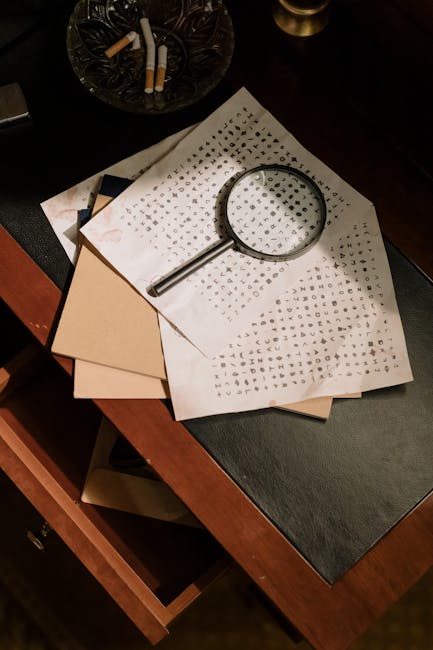 Close-up image of a dark wooden desk surface with scattered sheets of paper containing random print characters, a magnifying glass resting on top of the papers, and a few beige envelopes beneath. In the background, there is a black circular container holding several cigarettes and a small metallic object. The scene appears to be part of an indoor setting related to document handling or analysis, with natural ambient lighting. This setup may relate to packing or organizing items during a home relocation or moving process, as carried out by Man with Van Holloway, specializing in removals and furniture transport within the context of packing and moving services.